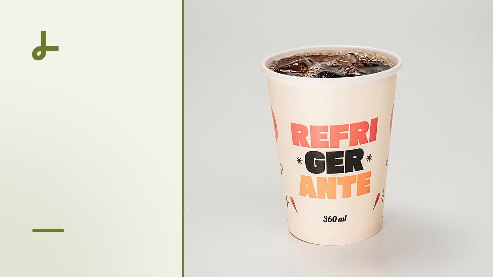 Copo de papel personalizado Lumenpack com arte em vermelho, laranja e preto sobre fundo creme.