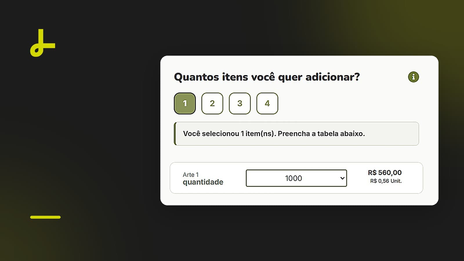 Seletor “Quantos itens você quer adicionar?” da loja Lumenpack, com a linha de quantidade da Arte 1.