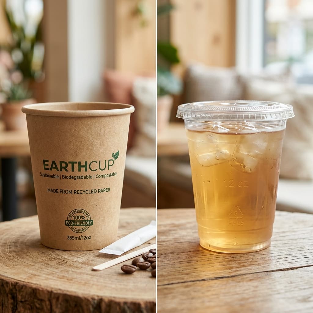 Comparação visual entre um copo de papel ecológico e um de plástico.