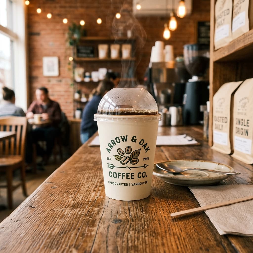 Copo de papel com café quente no balcão de uma cafeteria.
