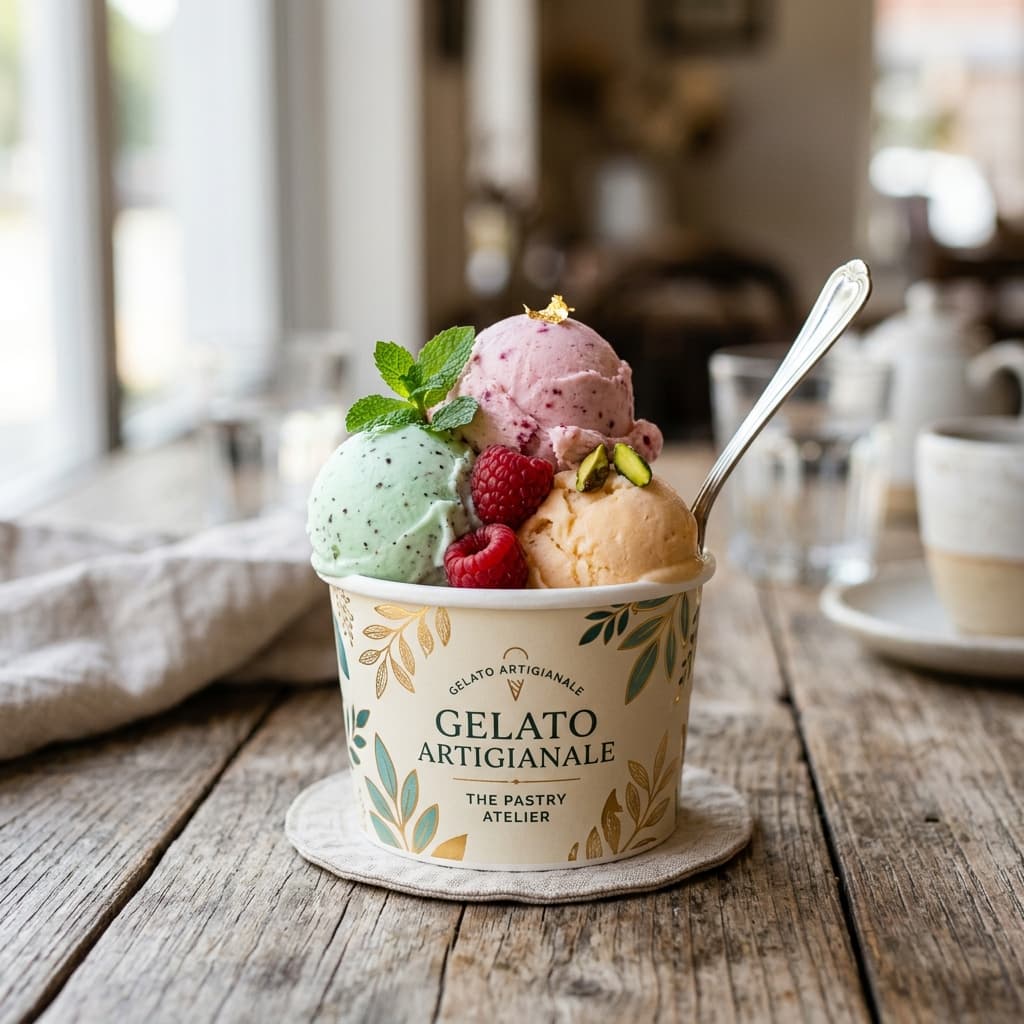 Pote de papel premium com gelato artesanal e cores pastéis.