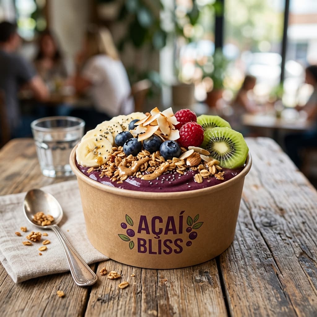 Pote de papel personalizado para açaí com frutas.