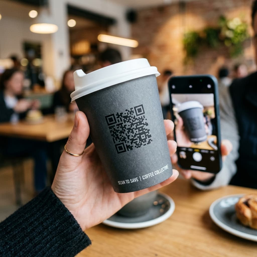 Copo de papel com um QR code nítido impresso na lateral.