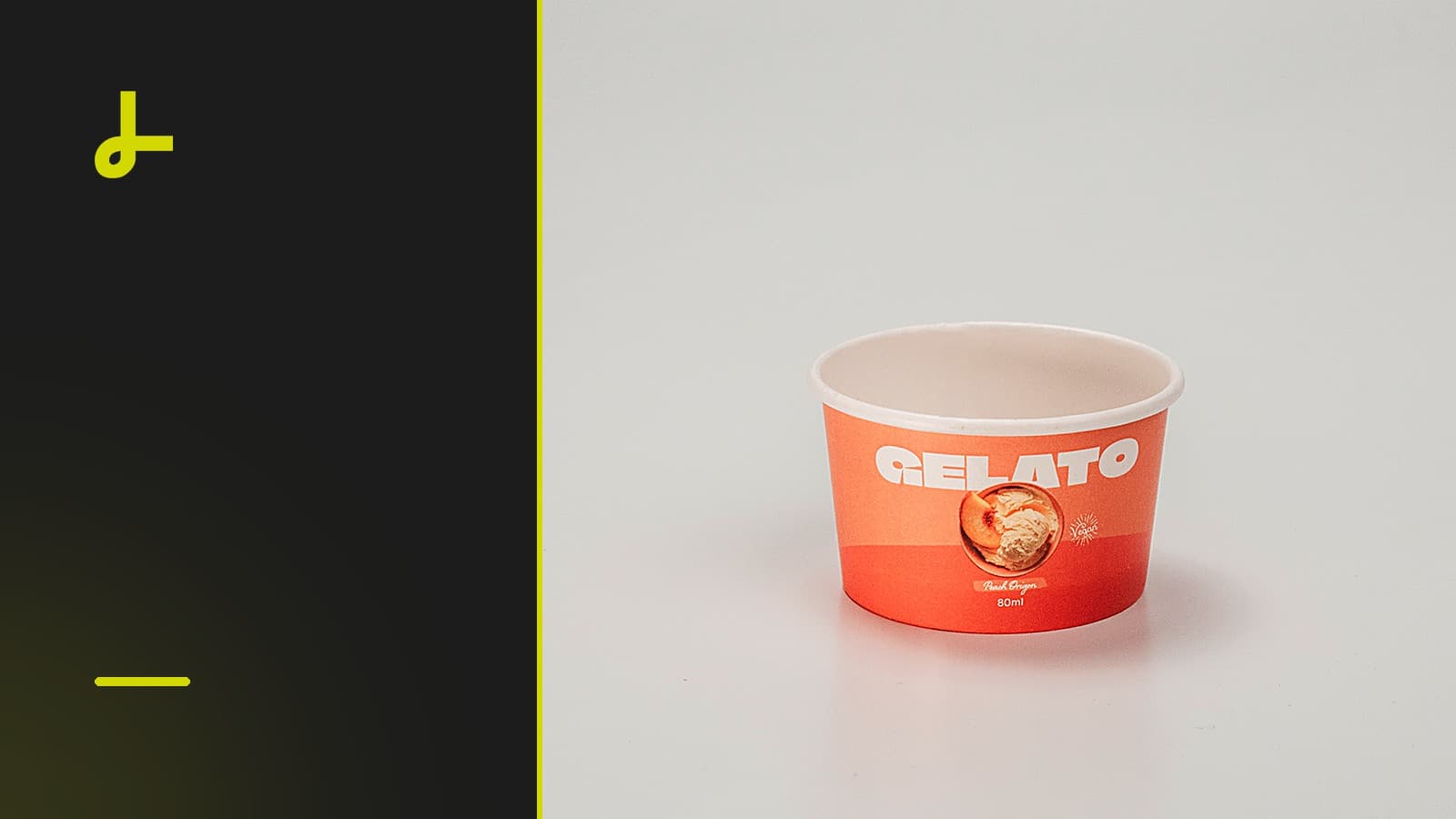 Pote de papel personalizado Lumenpack com arte de gelato impressa em laranja.