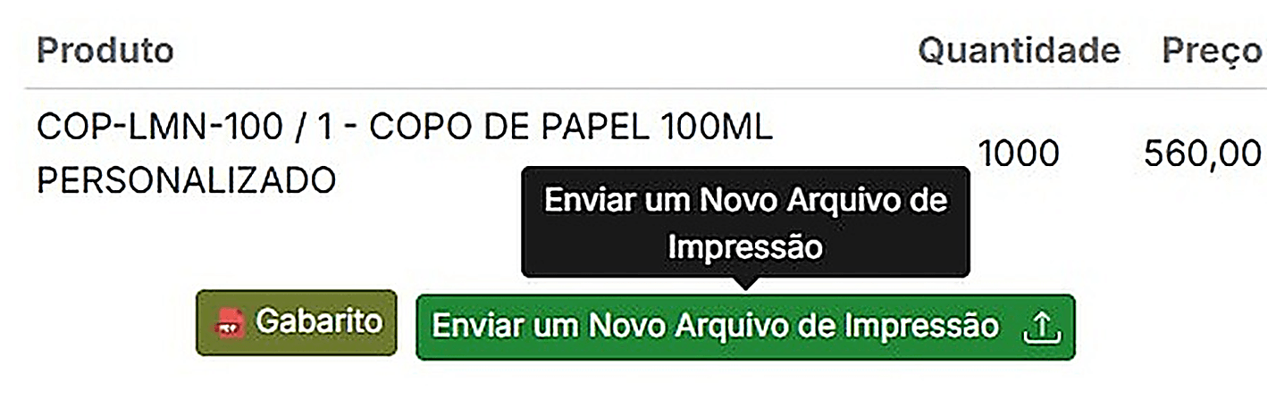 Linha do pedido na conta Lumenpack mostrando o produto COP-LMN-100 / 1 - COPO DE PAPEL 100ML PERSONALIZADO, com o botão “Gabarito” ao lado do botão “Enviar um Novo Arquivo de Impressão”.