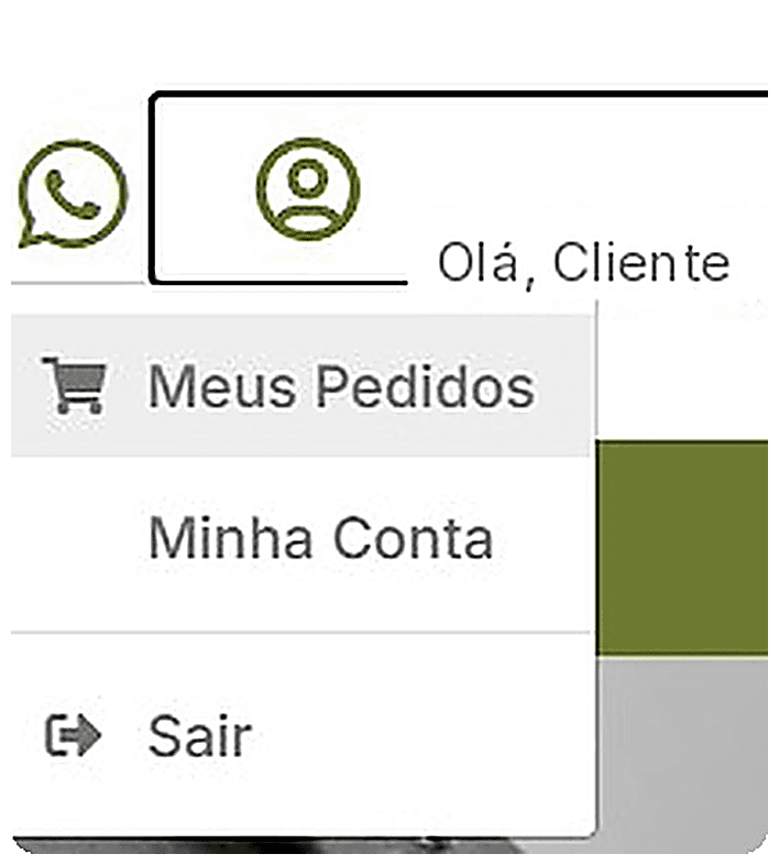 Menu do perfil aberto na loja Lumenpack, com a saudação “Olá, Cliente” e as opções Meus Pedidos, Minha Conta e Sair.