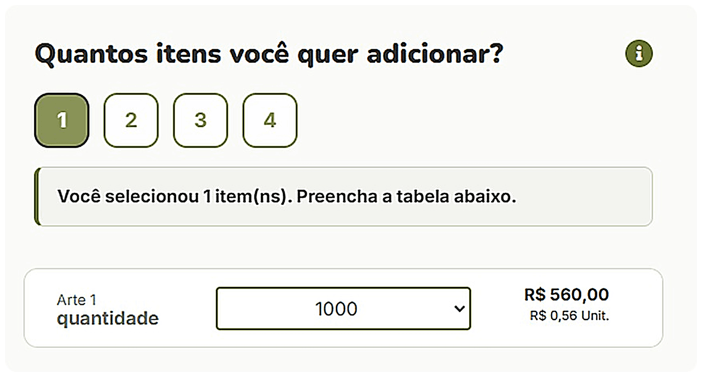 Seletor da loja Lumenpack com a pergunta “Quantos itens você quer adicionar?” e as opções 1, 2, 3 e 4. Abaixo, a linha “Arte 1 quantidade” com 1000 unidades selecionadas.
